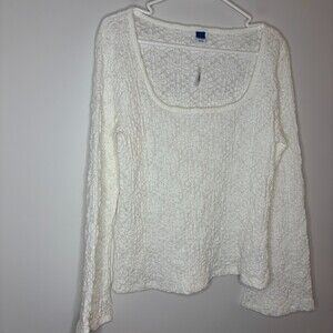 OLD NAVY NEW Textured Lace Scoop Neck Top Womens L White Stretch Bell Sleeve